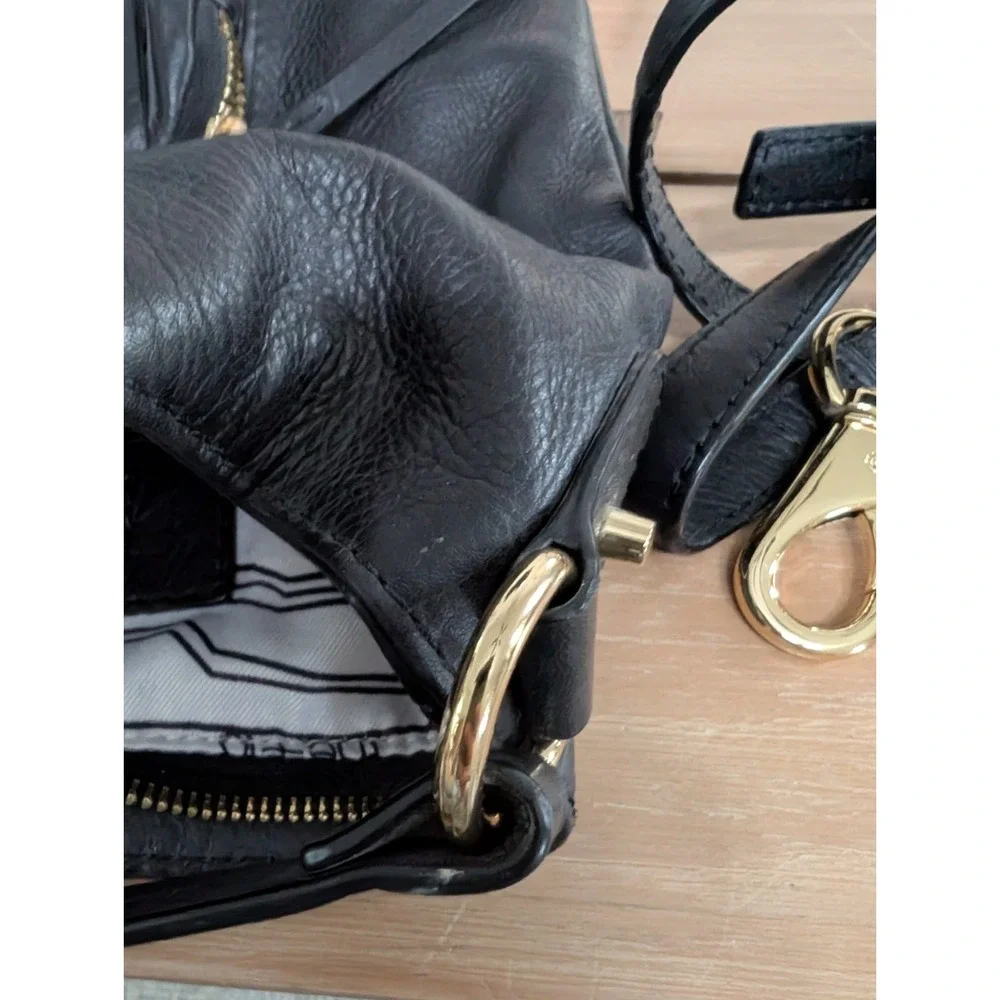 She+Lo BLACK Leather Hobo Handbag With‎ Gold Accents